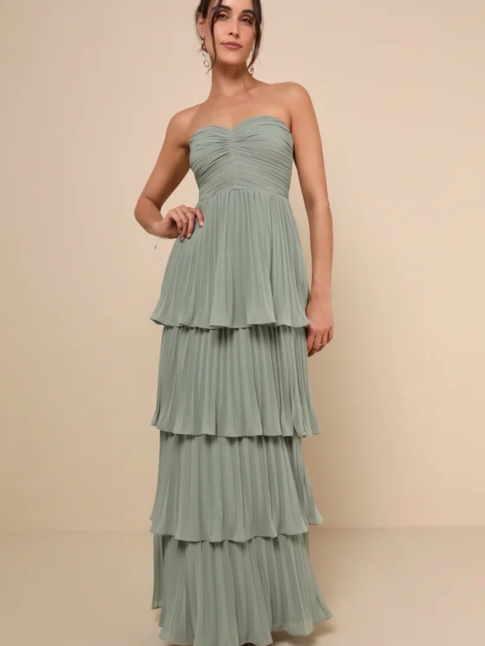 Seriously Sensational Sage Brush Strapless Tiered Maxi Dress - Size XL
